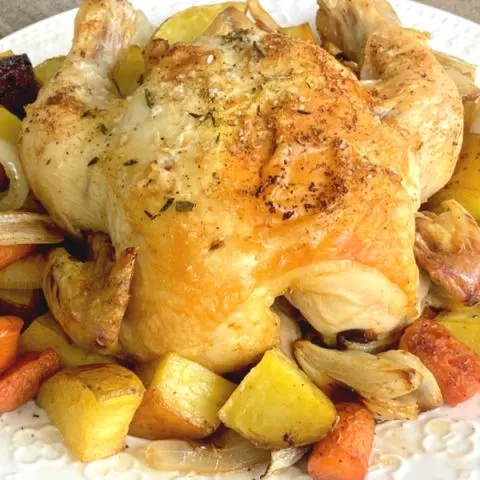 roasted Cornish game hen and vegetables