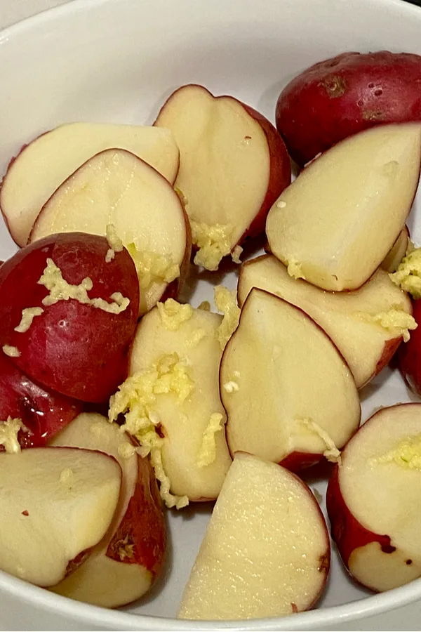 fresh minced garlic on potatoes