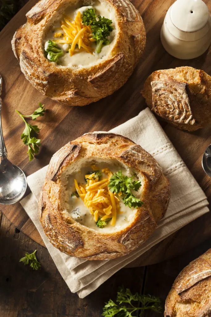 broccoli cheddar soup in a bread bowl