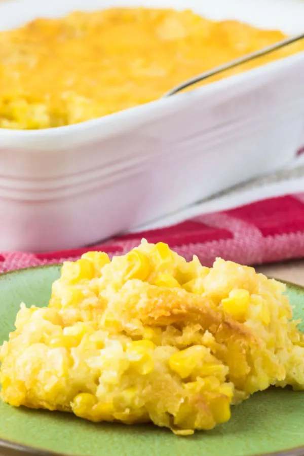 Jiffy corn casserole served on a green plate