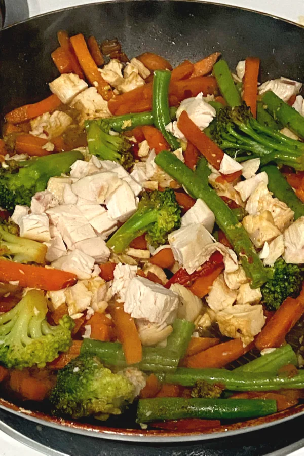 leftover turkey stir fry in skillet 