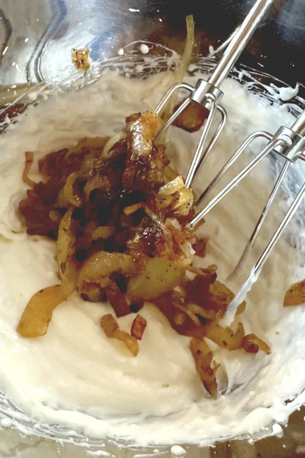mixing fried onion dip