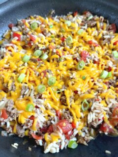 ground beef and rice fiesta in skillet
