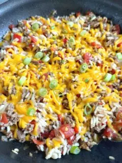 ground beef and rice fiesta in skillet