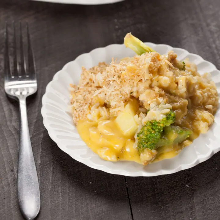 A serving of Chicken Divan for two on a white plate with a fork next to it.