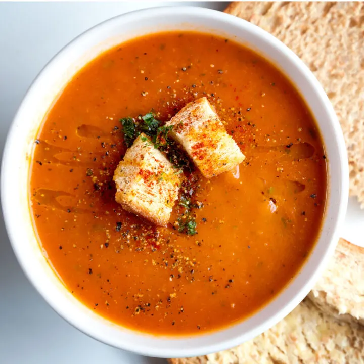 homemade tomato basil soup with croutons