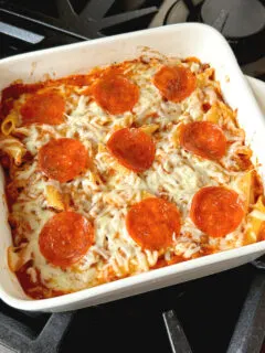 easy pizza casserole in white baking dish