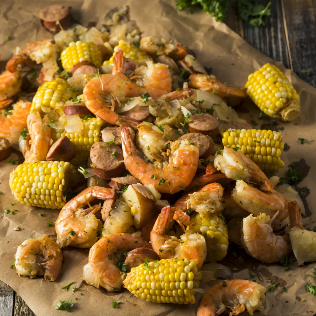 shrimp boil on butcher paper