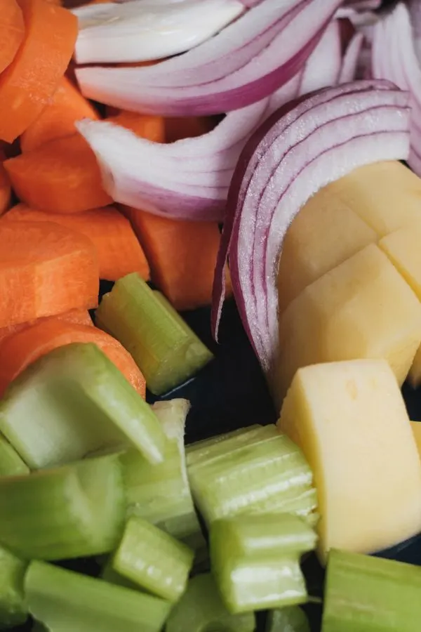 potatoes, carrots, celery and onion