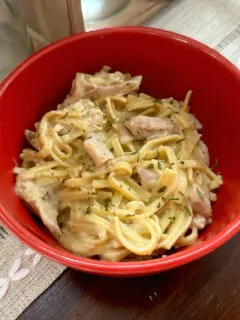 old fashioned chicken and noodles in red bowl