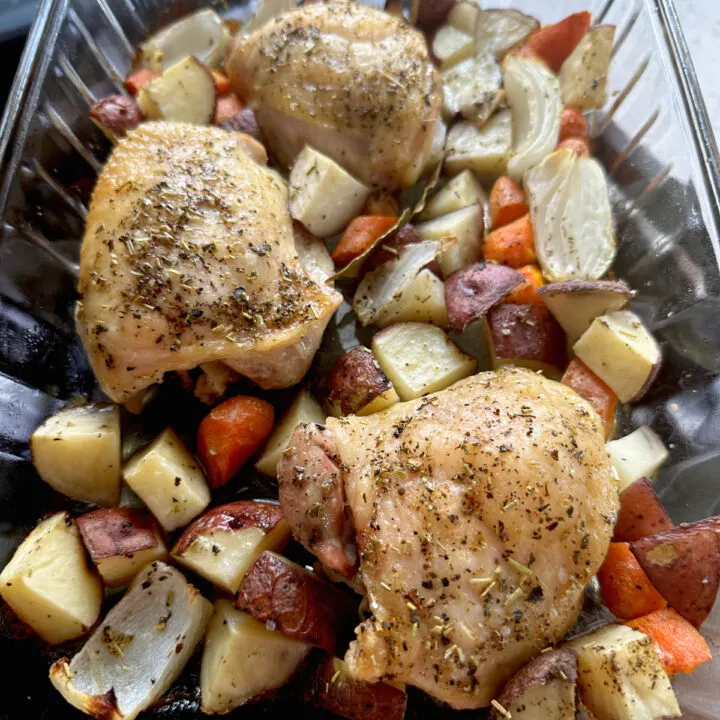 chicken thighs & potatoes dinner in baking dish