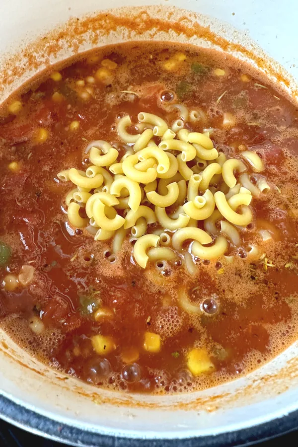 goulash with elbow pasta, ground beef, tomatoes and corn.