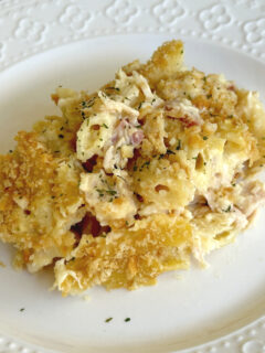 chicken cordon bleu casserole on white plate