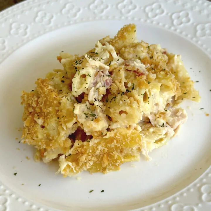chicken cordon bleu casserole on white plate