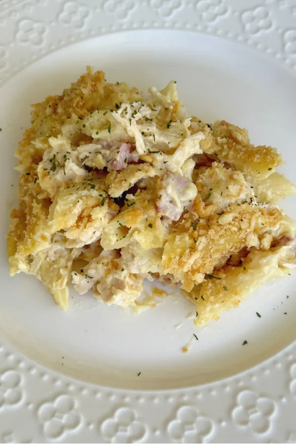 chicken cordon bleu casserole on white plate