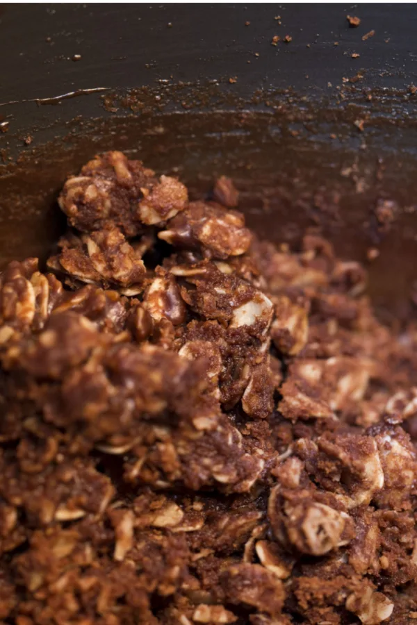 oats and chocolate mixed to make old fashioned no bake cookies
