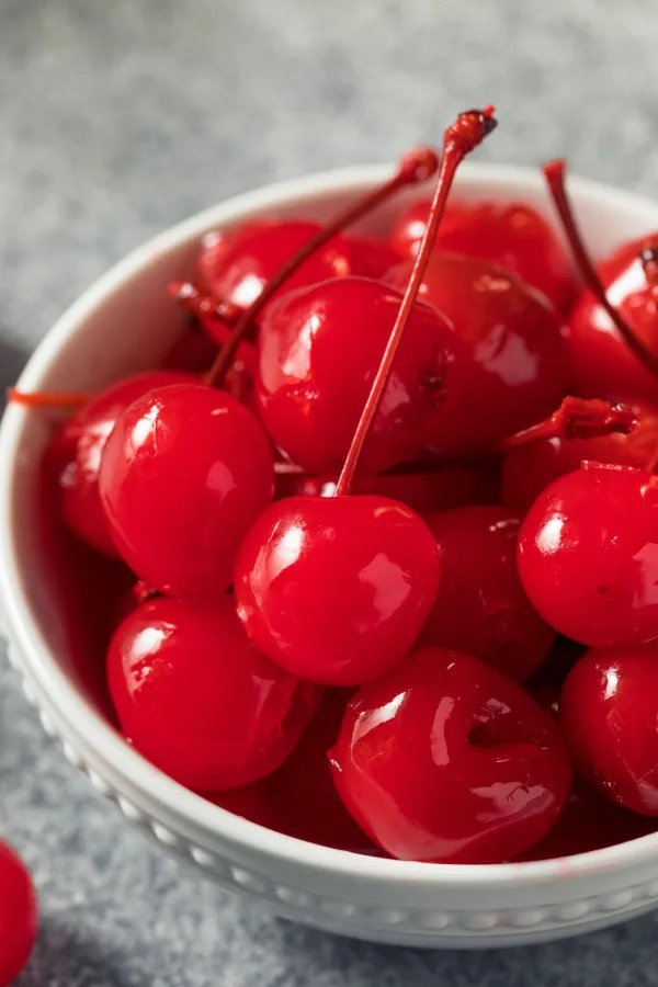 a small bowl of maraschino cherries.