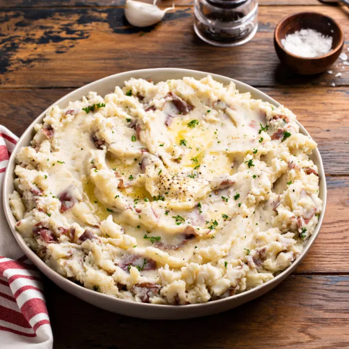 a bowl of red skin mashed potatoes