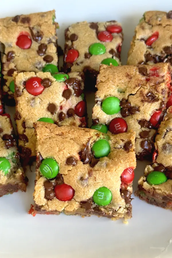 M&M cookie bars cut into squares. 