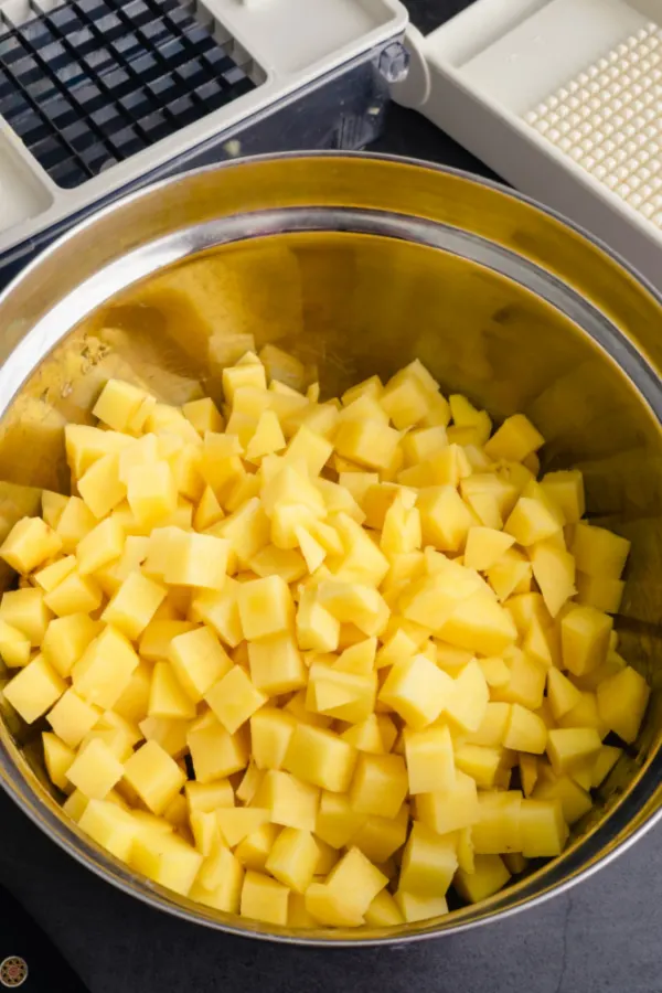 yukon gold potatoes peeled and diced in bowl