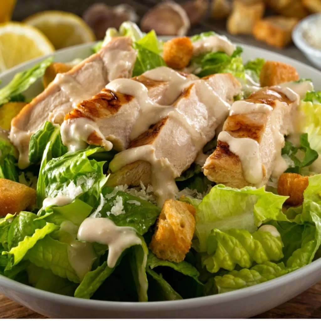 healthy caesar salad with chicken and dressing