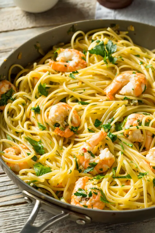 pasta in a skillet with seafood