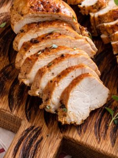 air fryer thin chicken breast sliced on cutting board