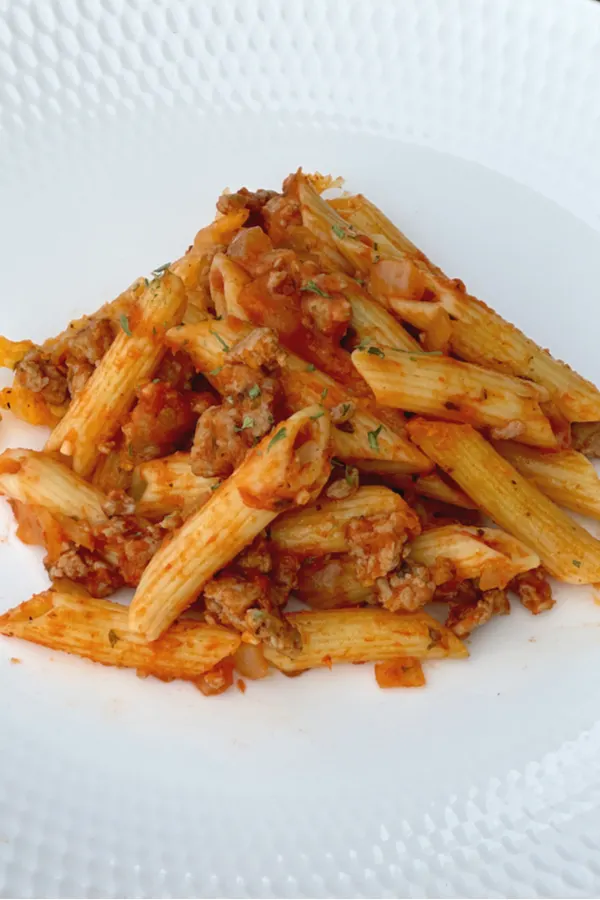 ground beef and pasta casserole on white plate