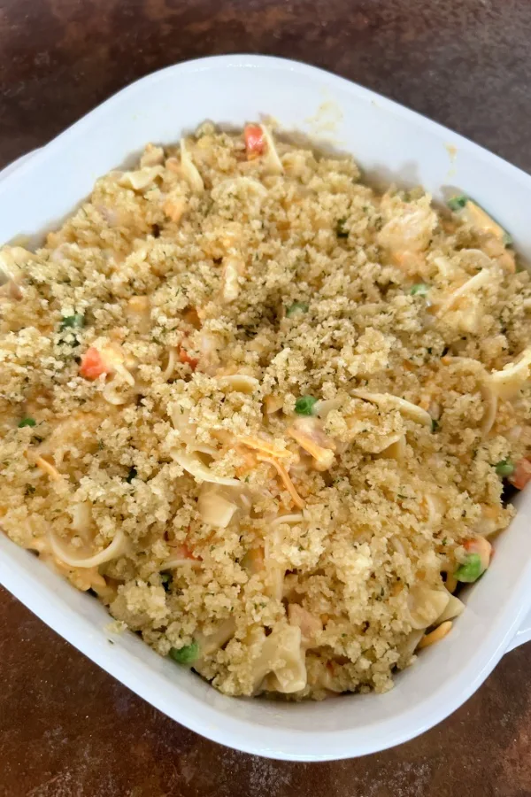 chicken noodle casserole in baking dish