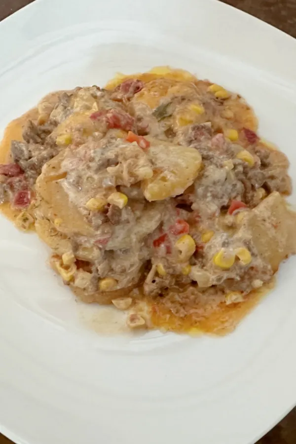 crock pot ground beef and potato casserole on white plate