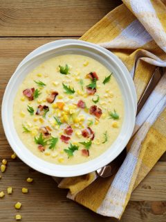 corn chowder in white bowl