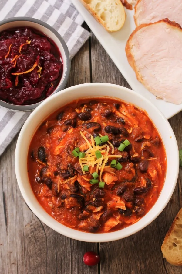 bowl of leftover turkey chili