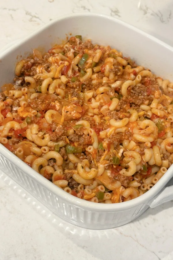 beef and noodles in baking dish