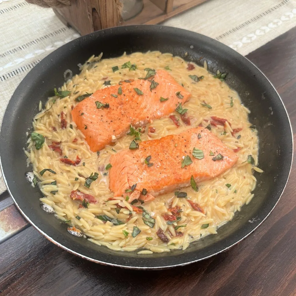 sun-dried tomato salmon and orzo
