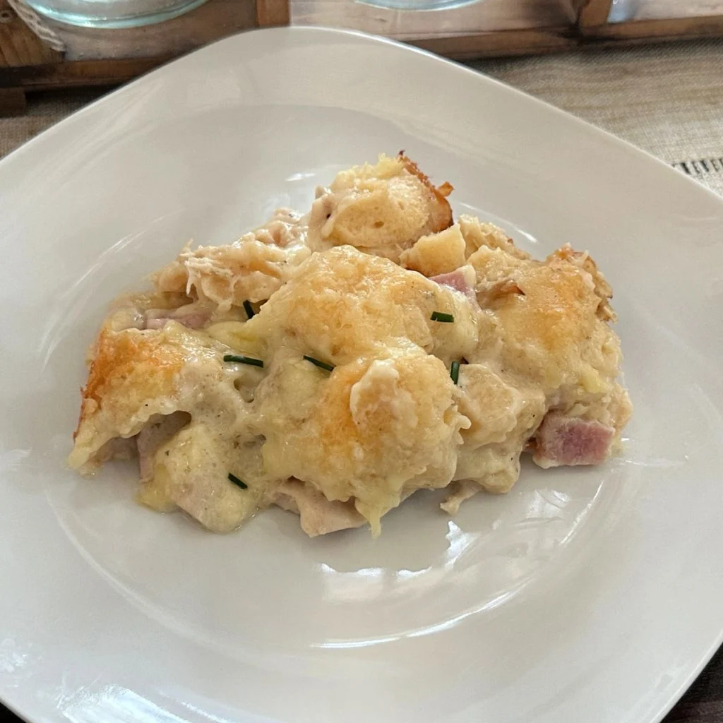 chicken cordon bleu biscuit casserole on a plate