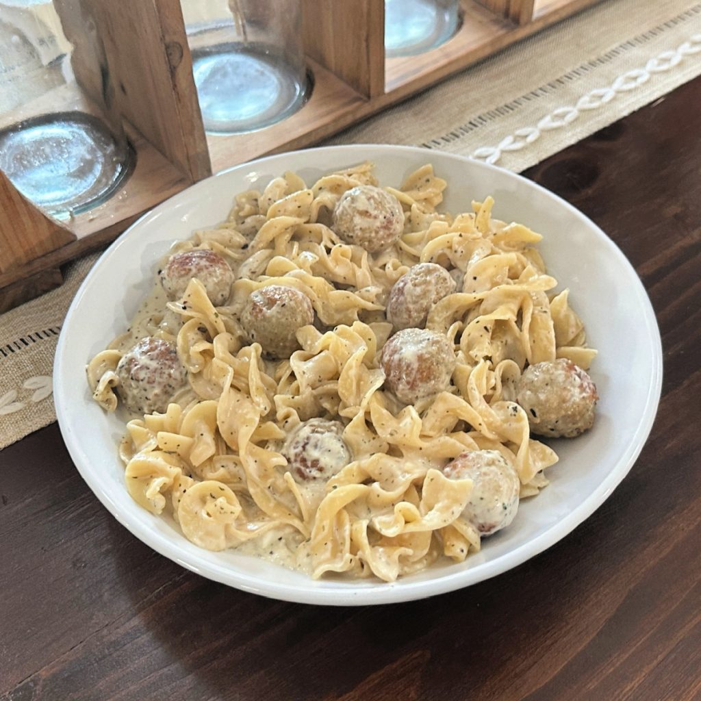 creamy Italian meatballs and noodles skillet
