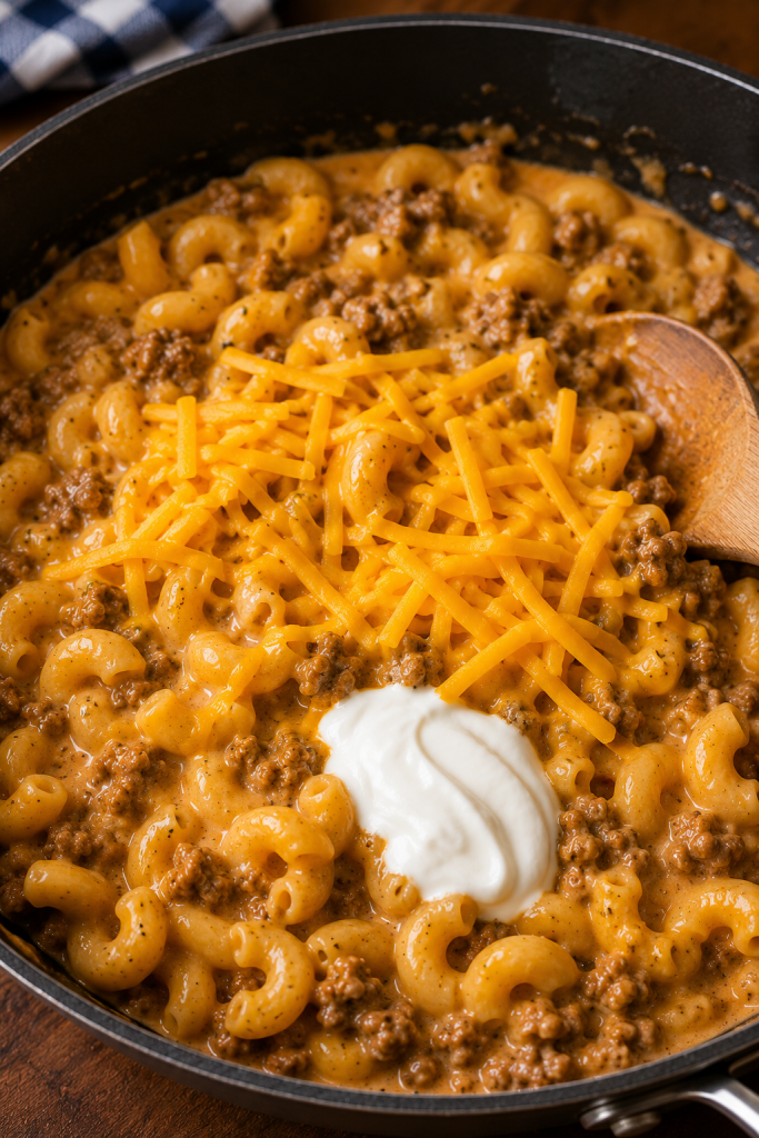 homemade hamburger helper in skillet