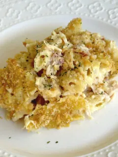 chicken cordon bleu casserole on white plate