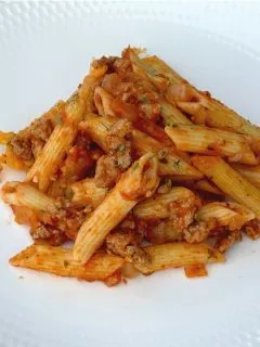 Ground beef casserole on white plate