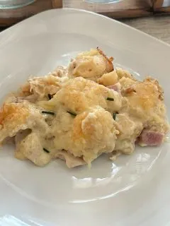 chicken cordon bleu biscuit casserole on a plate